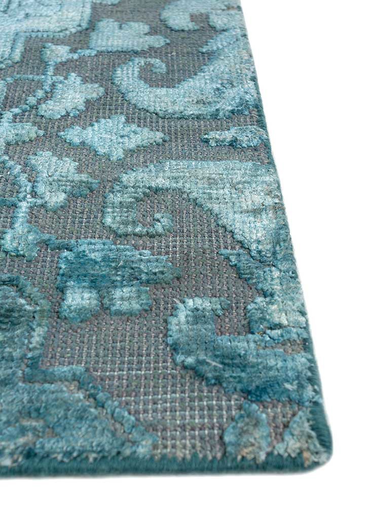 lacuna blue wool and bamboo silk hand knotted Rug - Corner