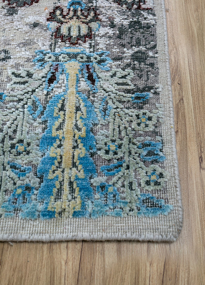 far east ivory wool and silk hand knotted Rug - Corner far east ivory wool and silk hand knotted Rug - Corner