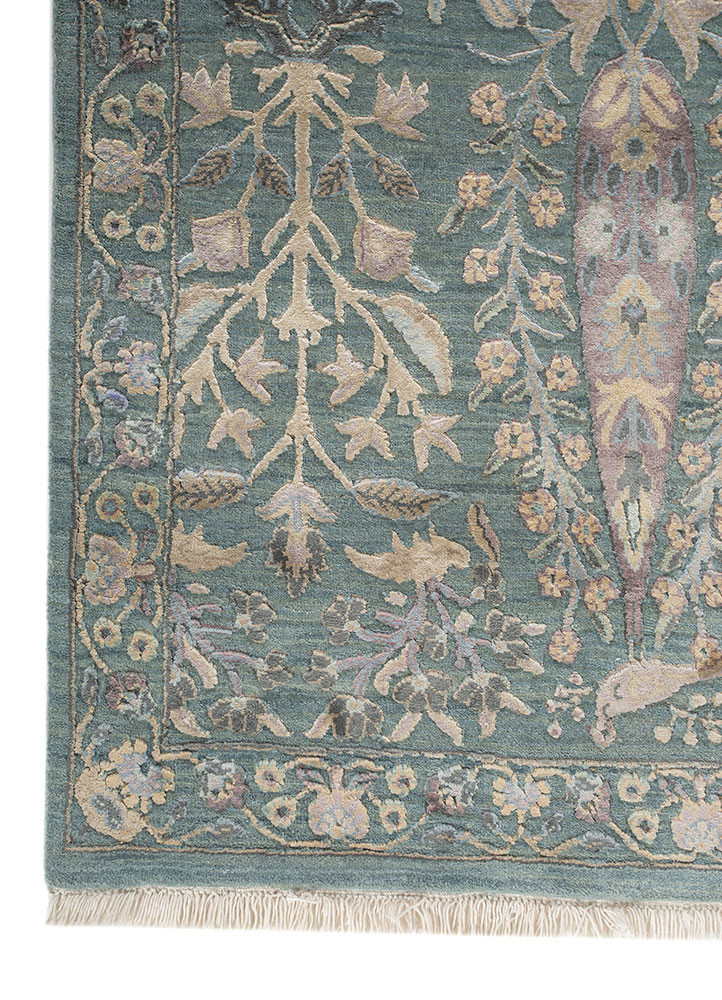 far east blue wool and silk hand knotted Rug - Corner far east blue wool and silk hand knotted Rug - Corner