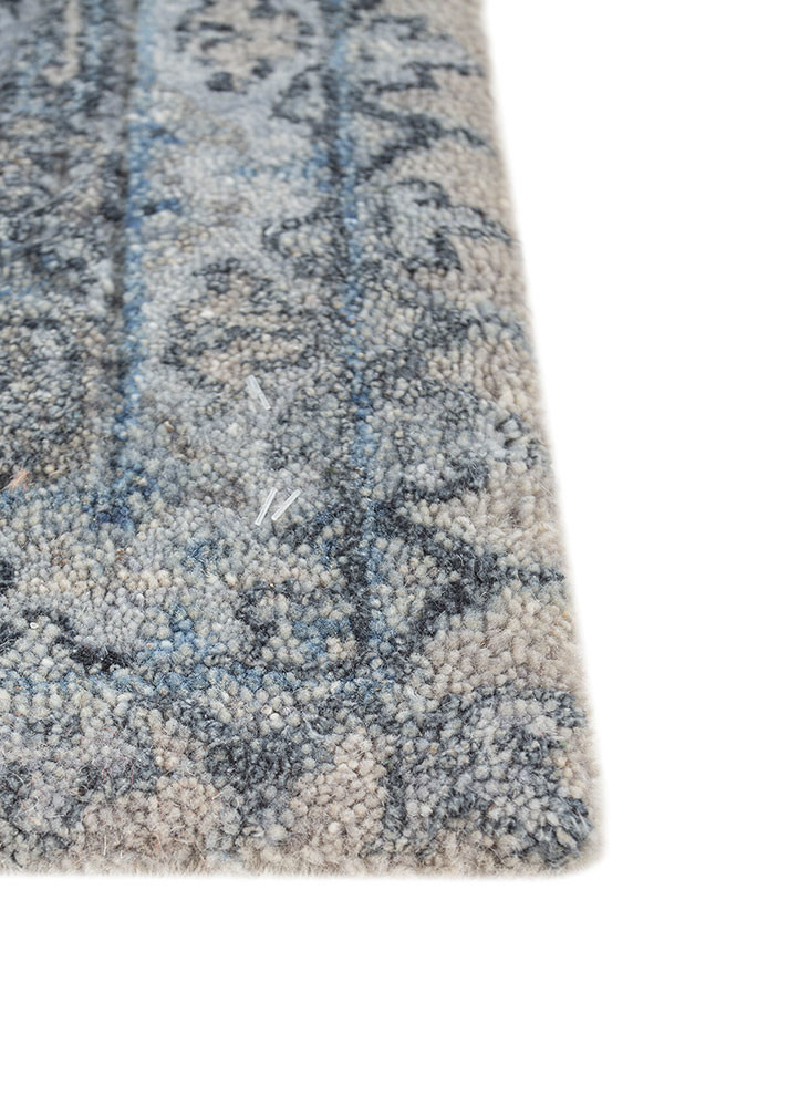 playing with tradition blue wool and silk hand knotted Rug - Corner