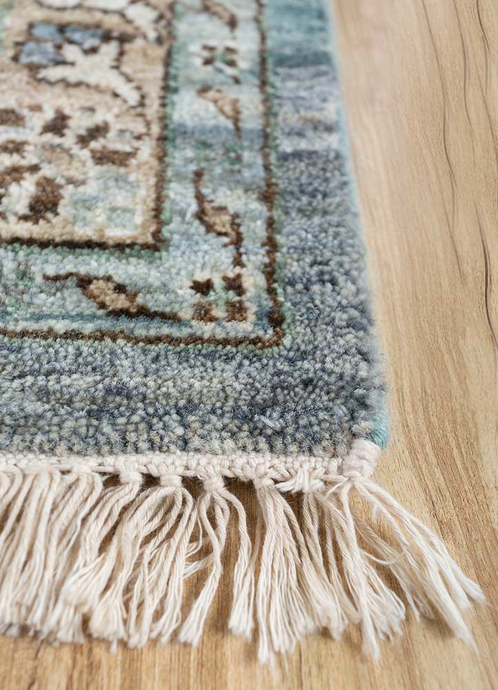 someplace in time blue afghan wool hand knotted Rug - Corner
