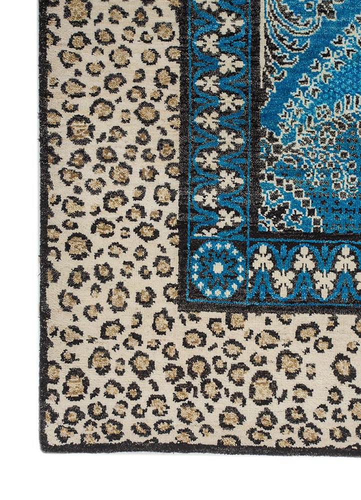 gilded age blue afghan wool hand knotted Rug - Corner