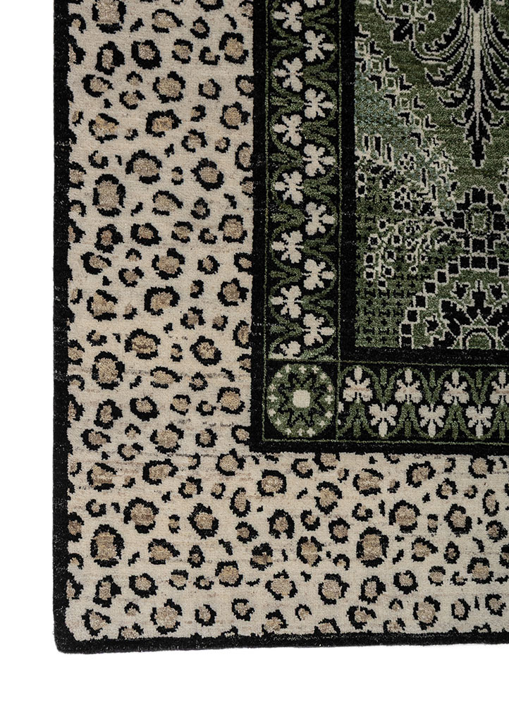 gilded age green afghan wool hand knotted Rug - Corner