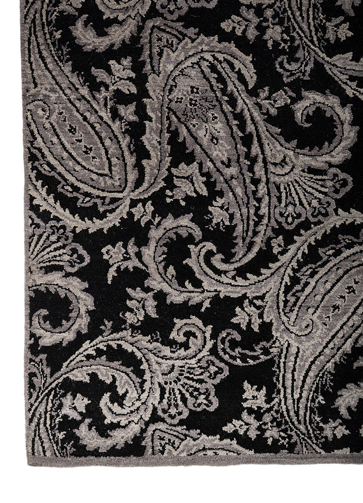 gilded age grey and black wool hand knotted Rug - Corner