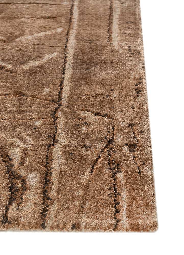 script beige and brown wool and bamboo silk hand knotted Rug - Corner