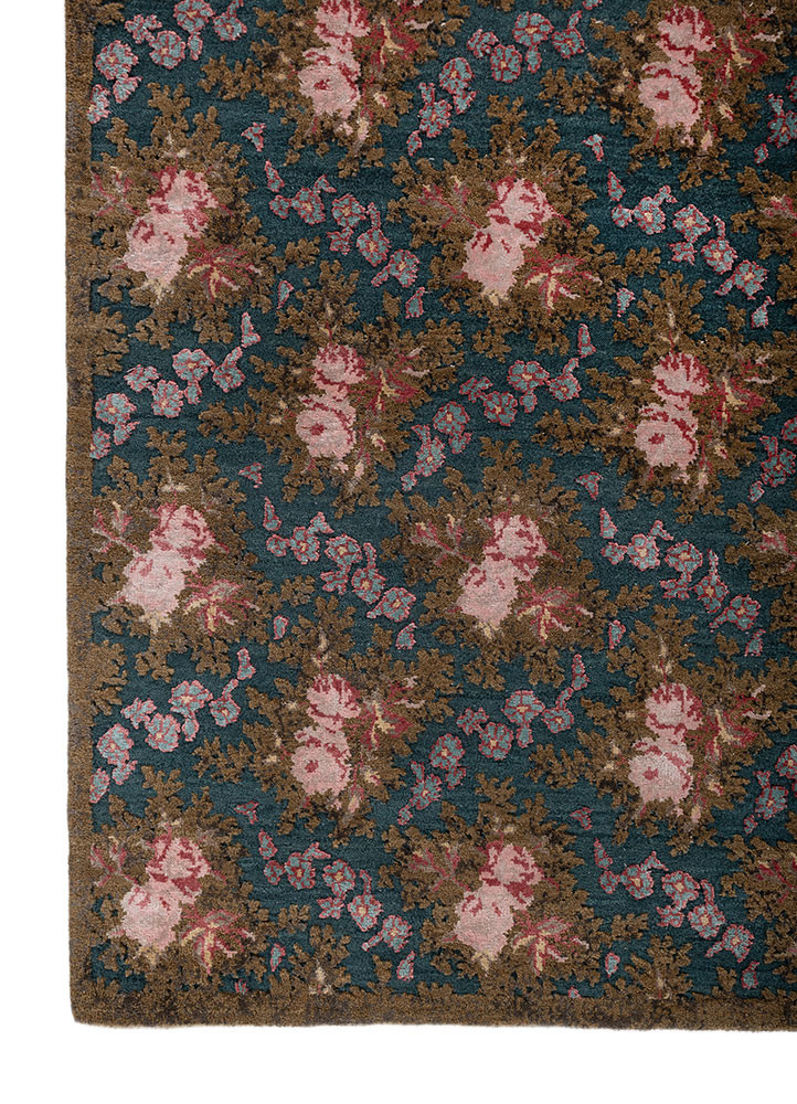 gilded age blue wool and bamboo silk hand knotted Rug - Corner