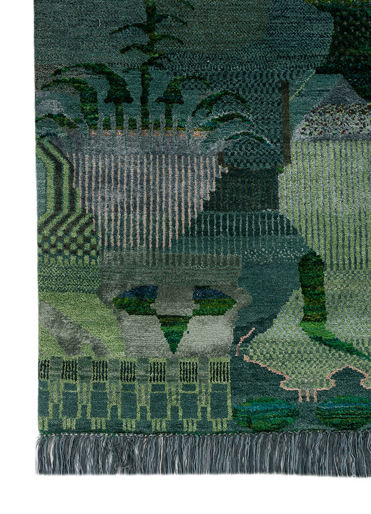 manchaha green wool and silk hand knotted Rug - Corner manchaha green wool and silk hand knotted Rug - Corner
