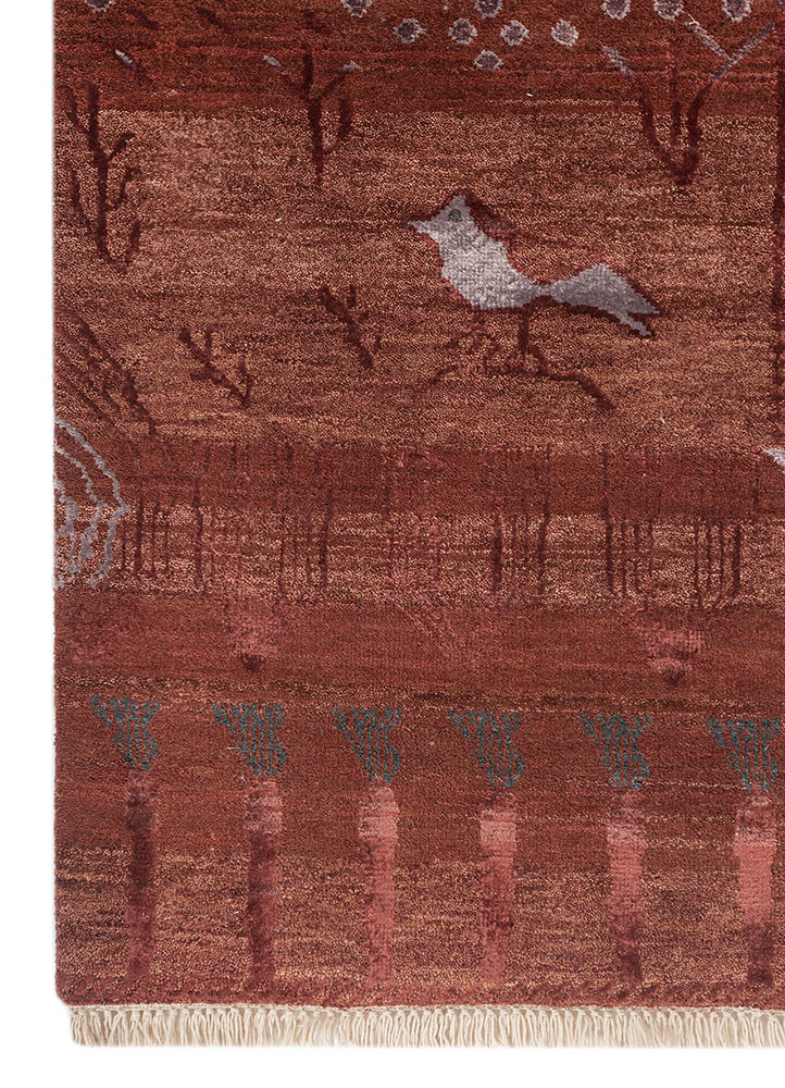 manchaha red and orange wool and bamboo silk hand knotted Rug - Corner