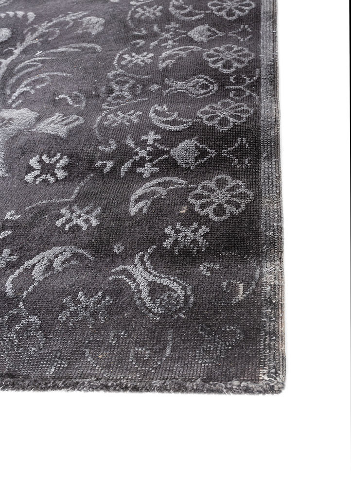 azalea grey and black wool and silk hand knotted Rug - Corner