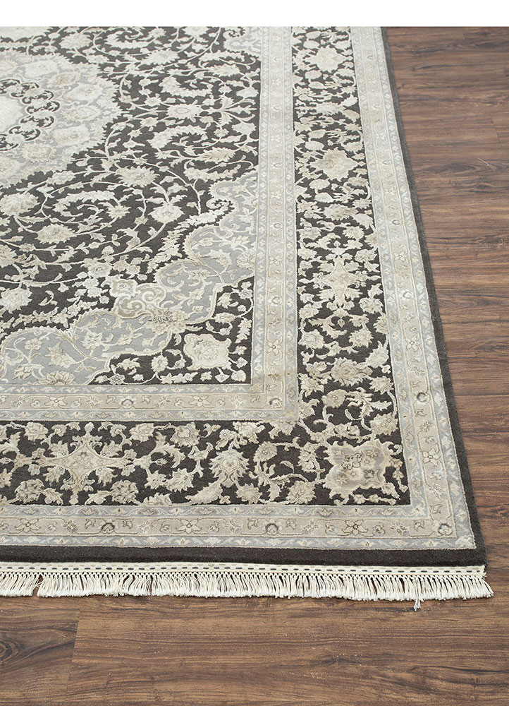aurora grey and black wool and silk hand knotted Rug - Corner