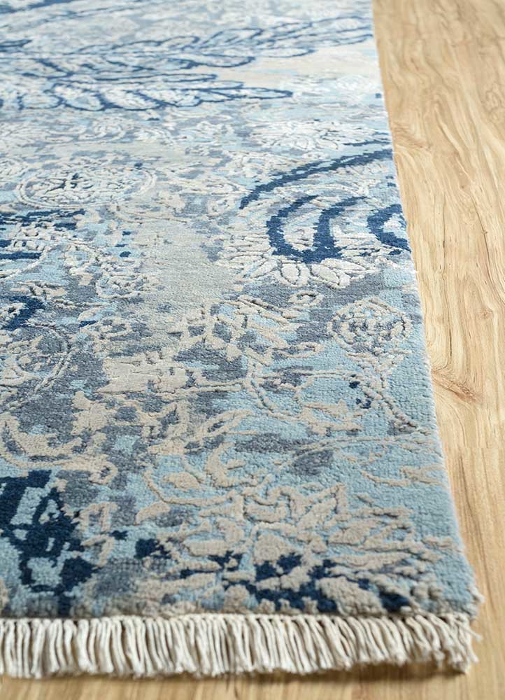 pansy blue wool and silk hand knotted Rug - Corner