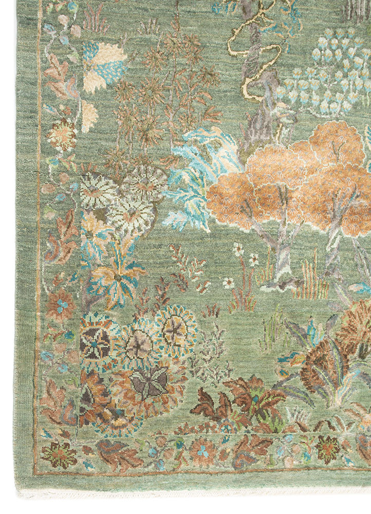 far east green wool and silk hand knotted Rug - Corner far east green wool and silk hand knotted Rug - Corner