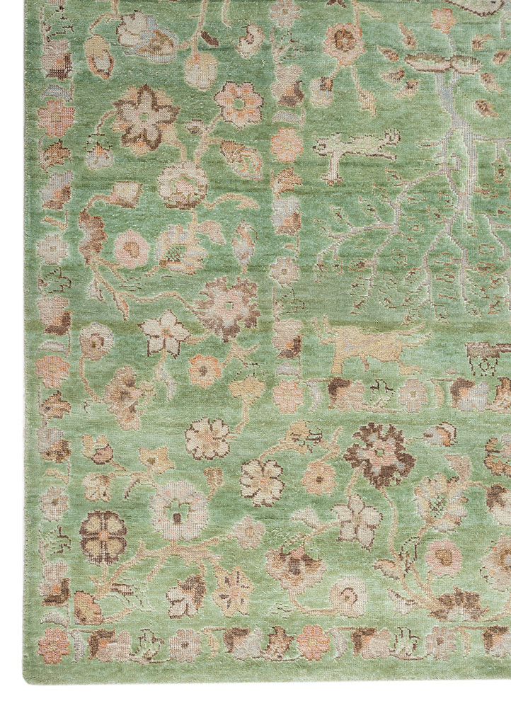 far east green wool and silk hand knotted Rug - Corner far east green wool and silk hand knotted Rug - Corner