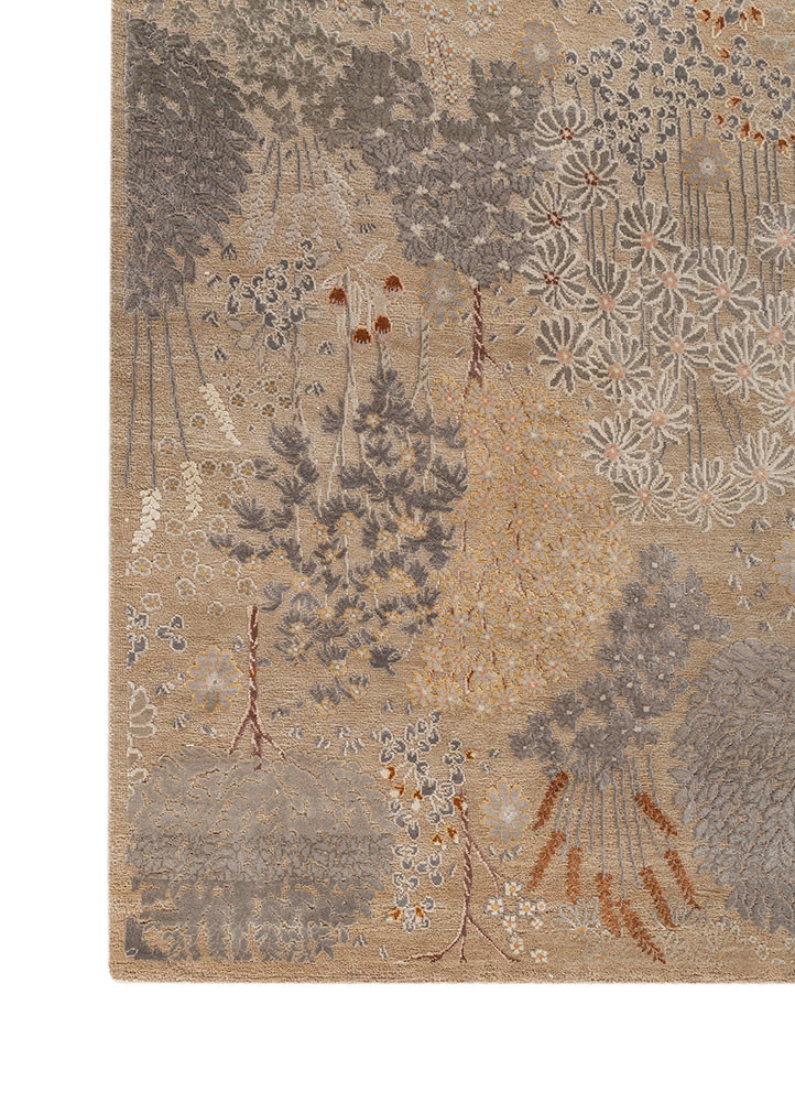 far east beige and brown wool and silk hand knotted Rug - Corner far east beige and brown wool and silk hand knotted Rug - Corner