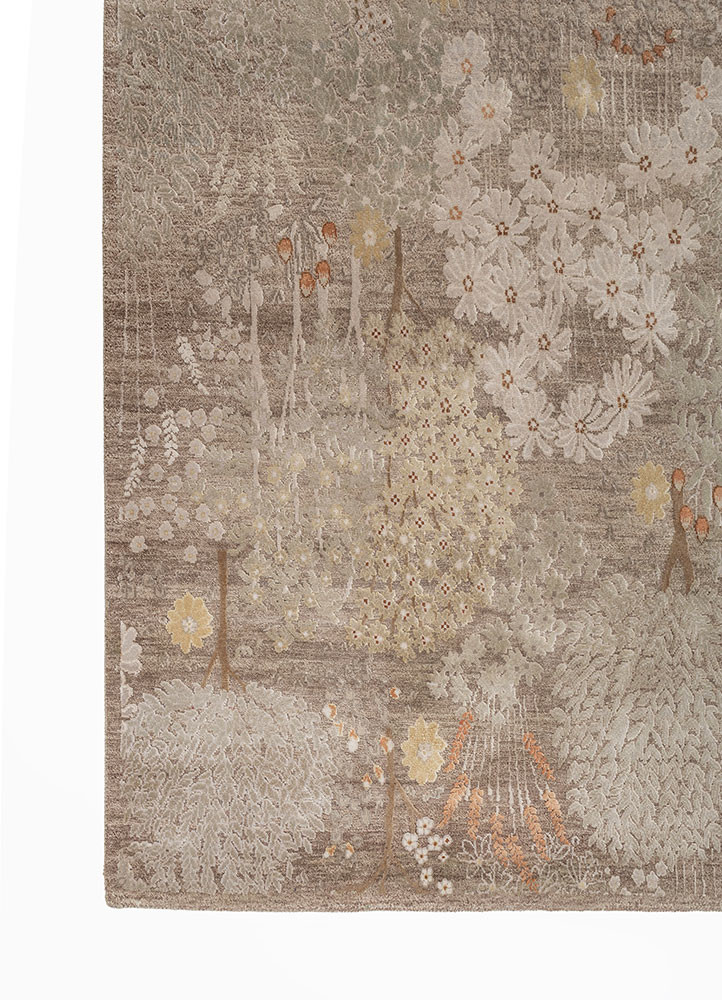 far east beige and brown wool and silk hand knotted Rug - Corner far east beige and brown wool and silk hand knotted Rug - Corner