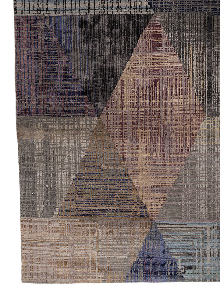 unstring by kavi grey and black wool and bamboo silk hand knotted Rug - Corner