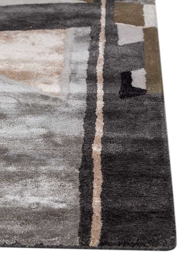linear grey and black wool and viscose hand tufted Rug - Corner