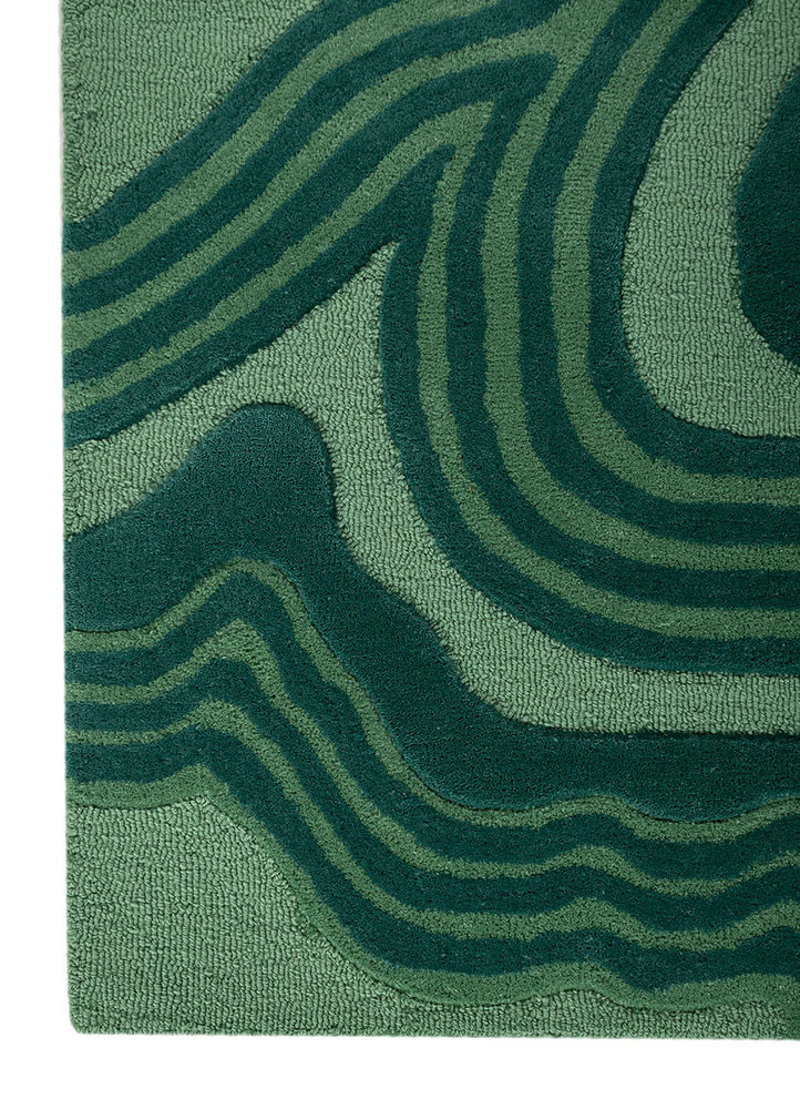 linear green wool hand tufted Rug - Corner
