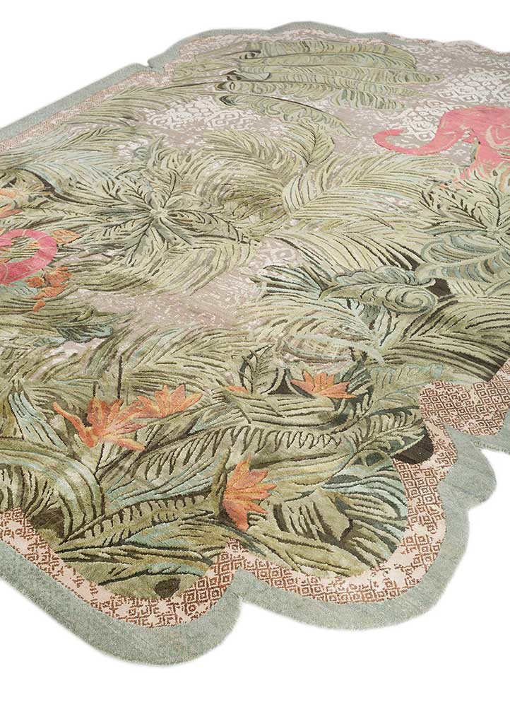 inde rose green wool and silk hand knotted Rug - FoldShot