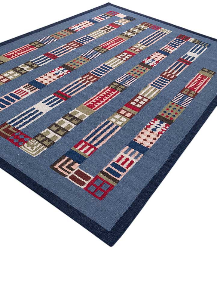 checkers blue wool flat weaves Rug - FoldShot