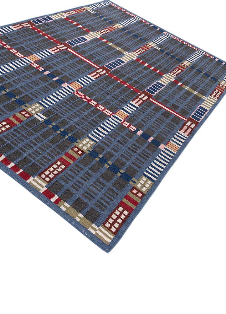 checkers blue wool flat weaves Rug - FoldShot