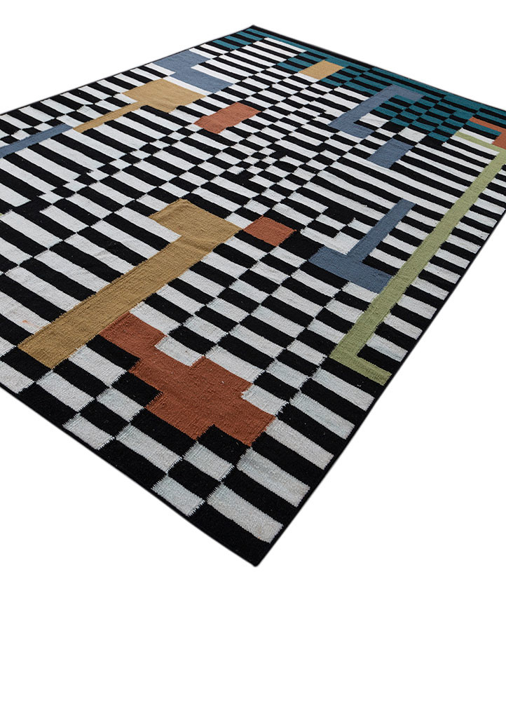 checkers grey and black wool flat weaves Rug - FoldShot
