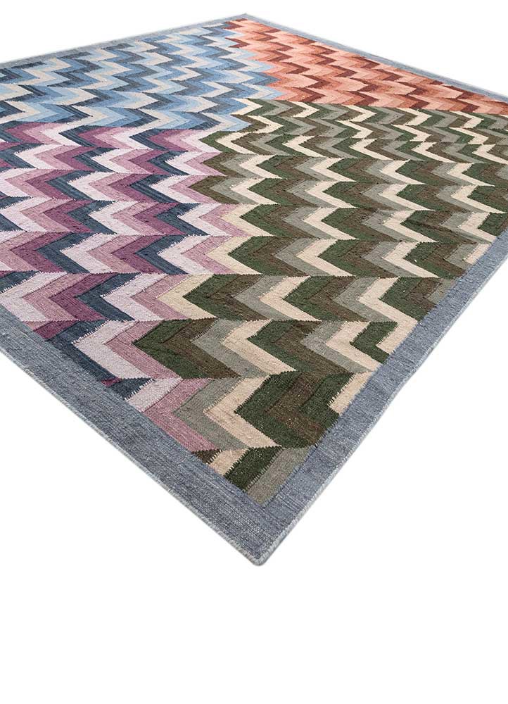 checkers blue wool and viscose flat weaves Rug - FoldShot