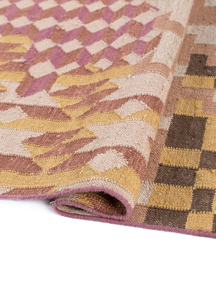 checkers beige and brown wool and viscose flat weaves Rug - FoldShot checkers beige and brown wool and viscose flat weaves Rug - FoldShot