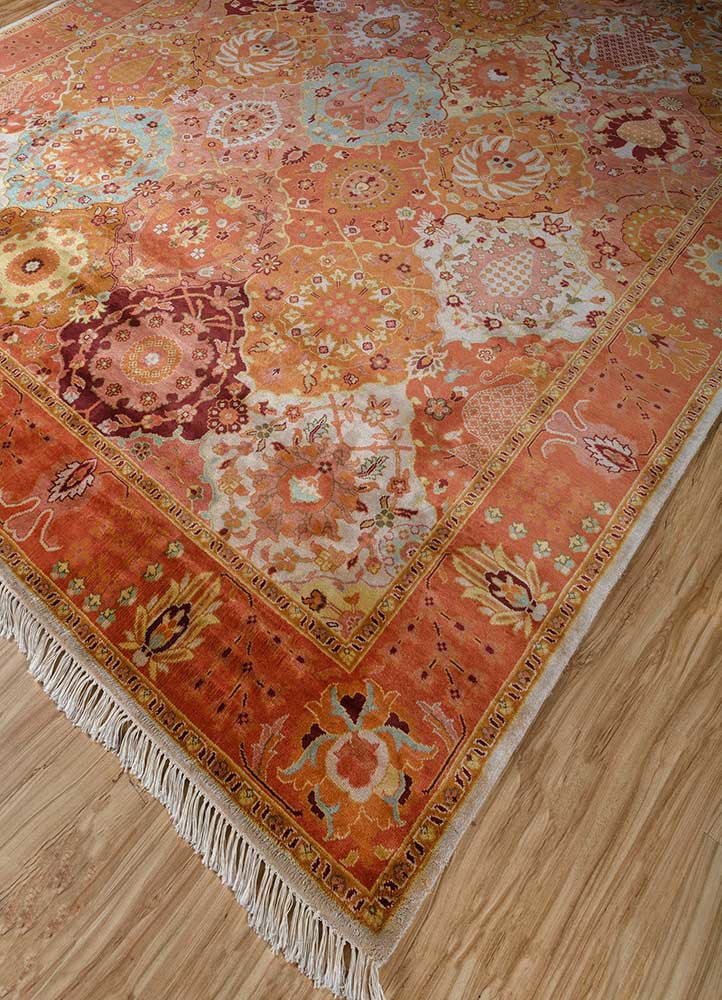 gulmarg red and orange silk hand knotted Rug - FoldShot gulmarg red and orange silk hand knotted Rug - FoldShot