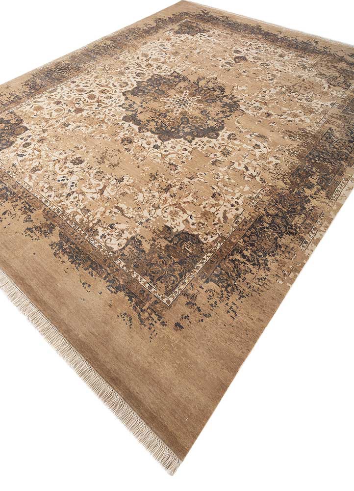 far east beige and brown wool hand knotted Rug - FoldShot