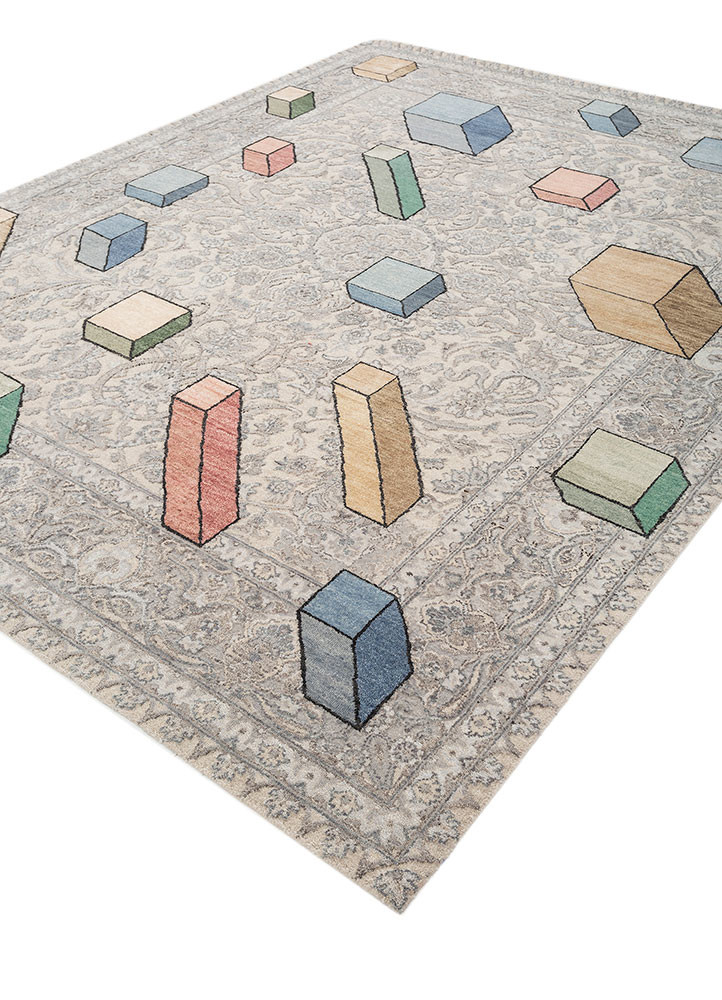 playing with tradition grey and black wool and silk hand knotted Rug - FoldShot