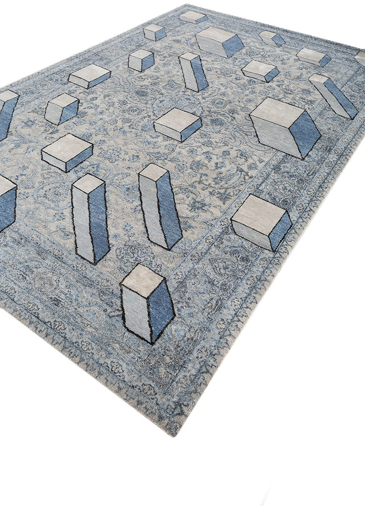 playing with tradition blue wool and silk hand knotted Rug - FoldShot
