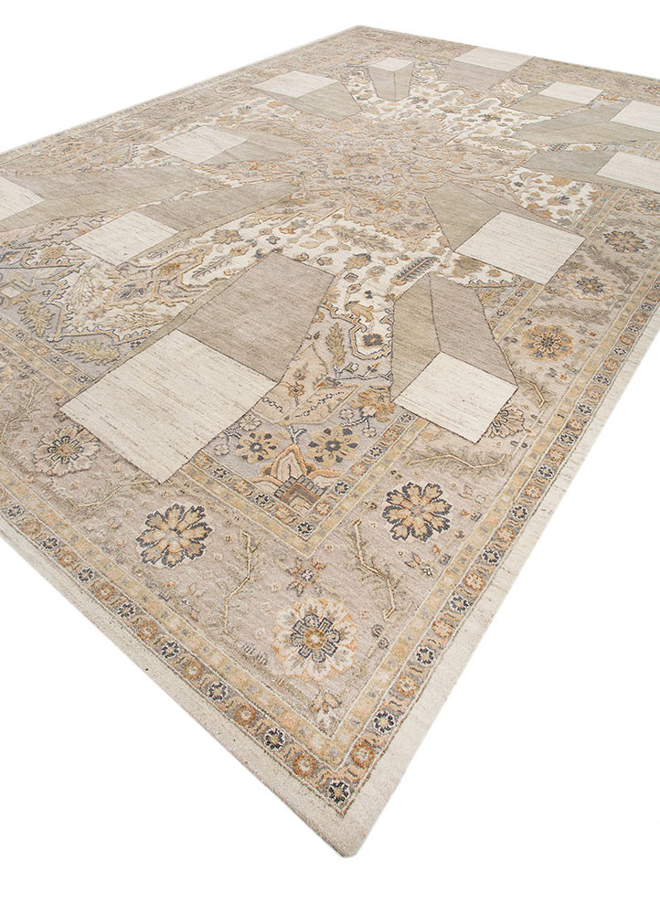 playing with tradition ivory wool and silk hand knotted Rug - FoldShot