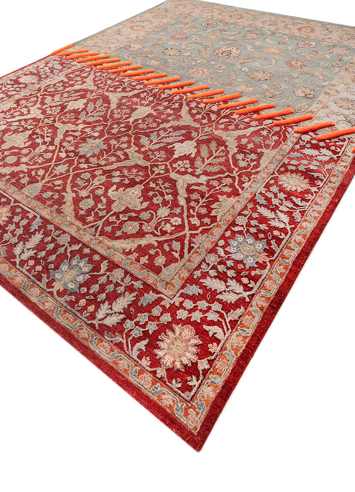 playing with tradition red and orange wool and silk hand knotted Rug - FoldShot