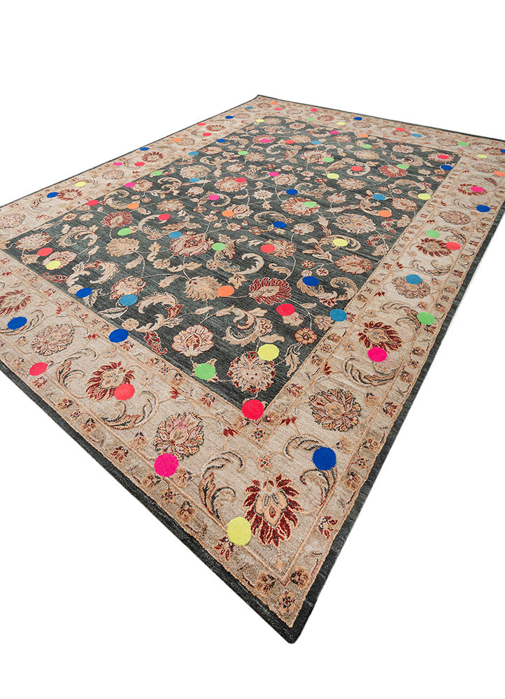 playing with tradition beige and brown wool and silk hand knotted Rug - FoldShot