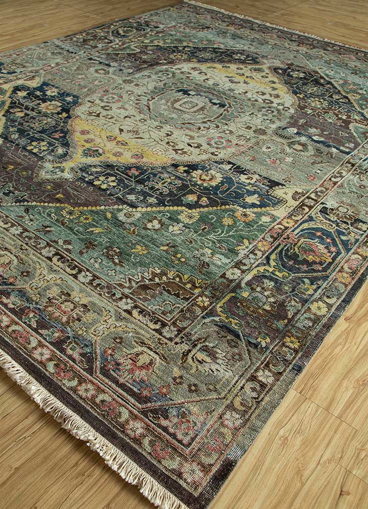 someplace in time blue afghan wool hand knotted Rug - FoldShot