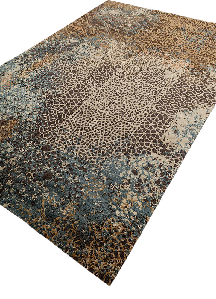 tattvam beige and brown wool and silk hand knotted Rug - FoldShot tattvam beige and brown wool and silk hand knotted Rug - FoldShot