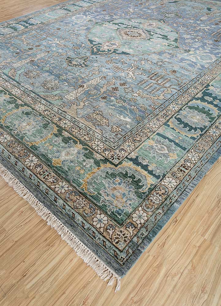 someplace in time blue afghan wool hand knotted Rug - FoldShot