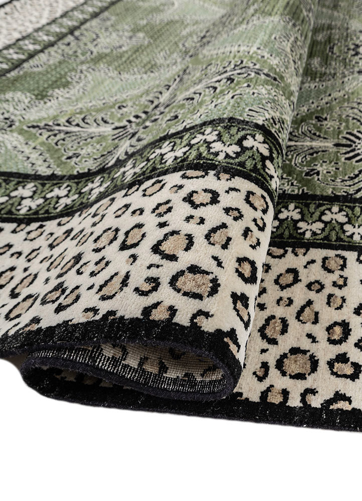 gilded age green afghan wool hand knotted Rug - FoldShot