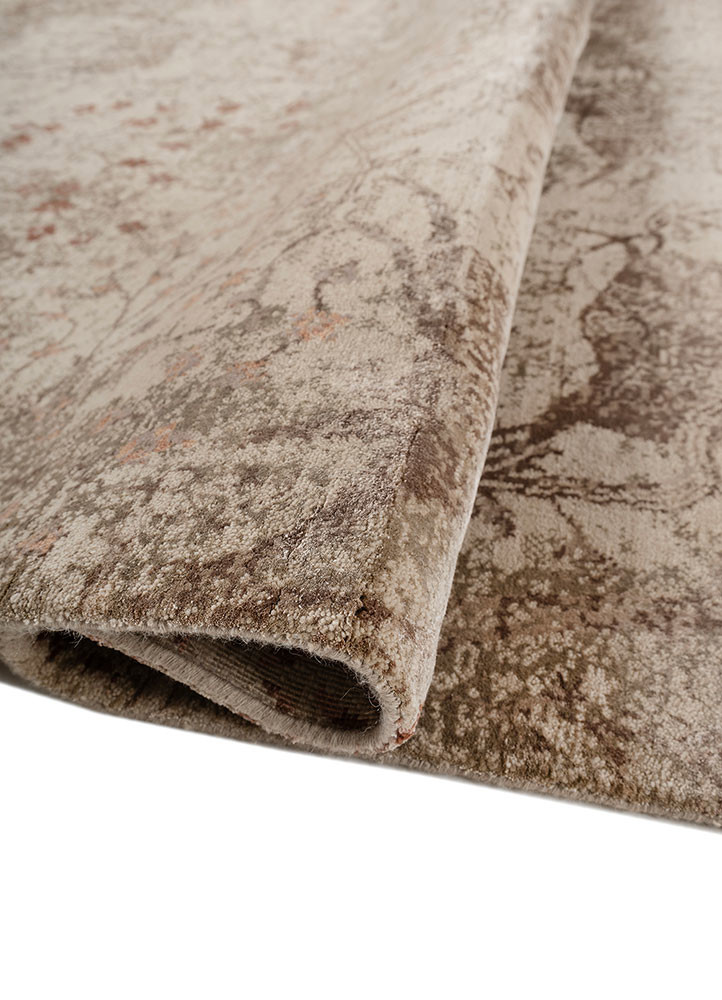 far east beige and brown wool and bamboo silk hand knotted Rug - FoldShot