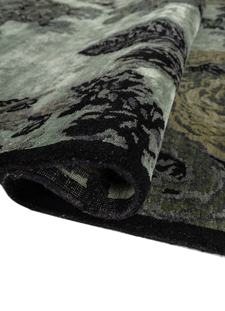 gilded age green wool and bamboo silk hand knotted Rug - FoldShot