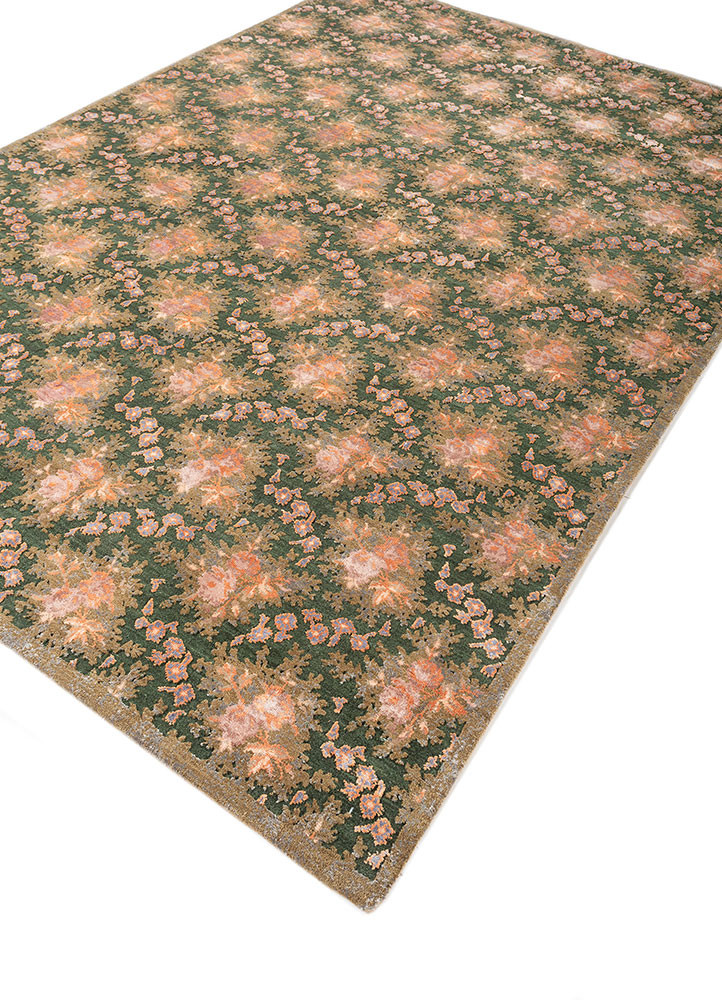 gilded age green wool and bamboo silk hand knotted Rug - FoldShot