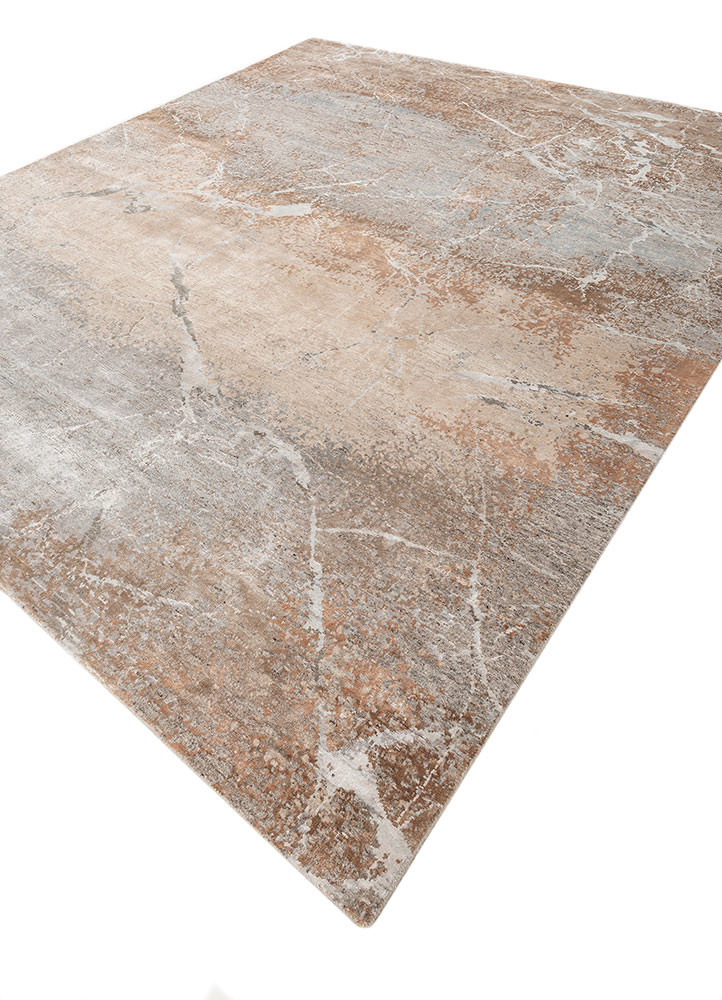 urban pause by kavi beige and brown wool and bamboo silk hand knotted Rug - FoldShot