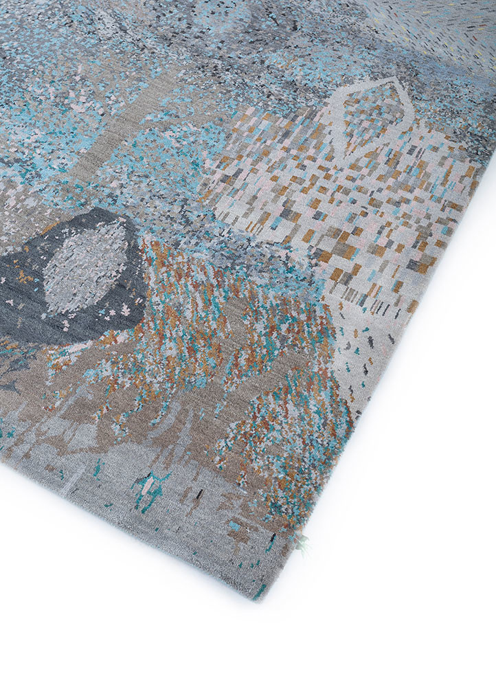 manchaha blue wool and bamboo silk hand knotted Rug - FoldShot