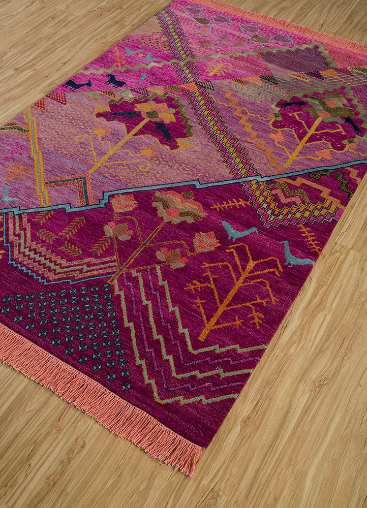 manchaha pink and purple wool and bamboo silk hand knotted Rug - FoldShot manchaha pink and purple wool and bamboo silk hand knotted Rug - FoldShot