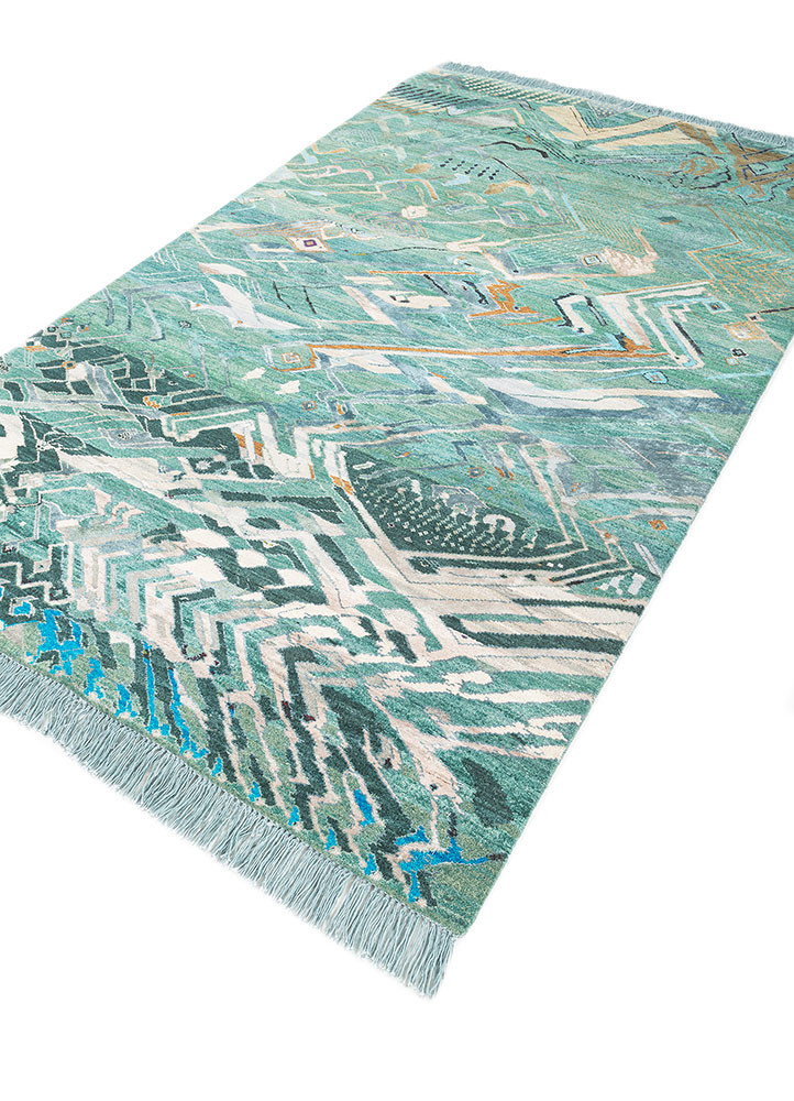 manchaha green wool and bamboo silk hand knotted Rug - FoldShot manchaha green wool and bamboo silk hand knotted Rug - FoldShot