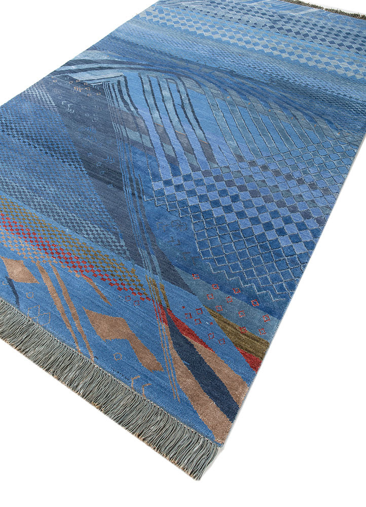 manchaha blue wool and bamboo silk hand knotted Rug - FoldShot