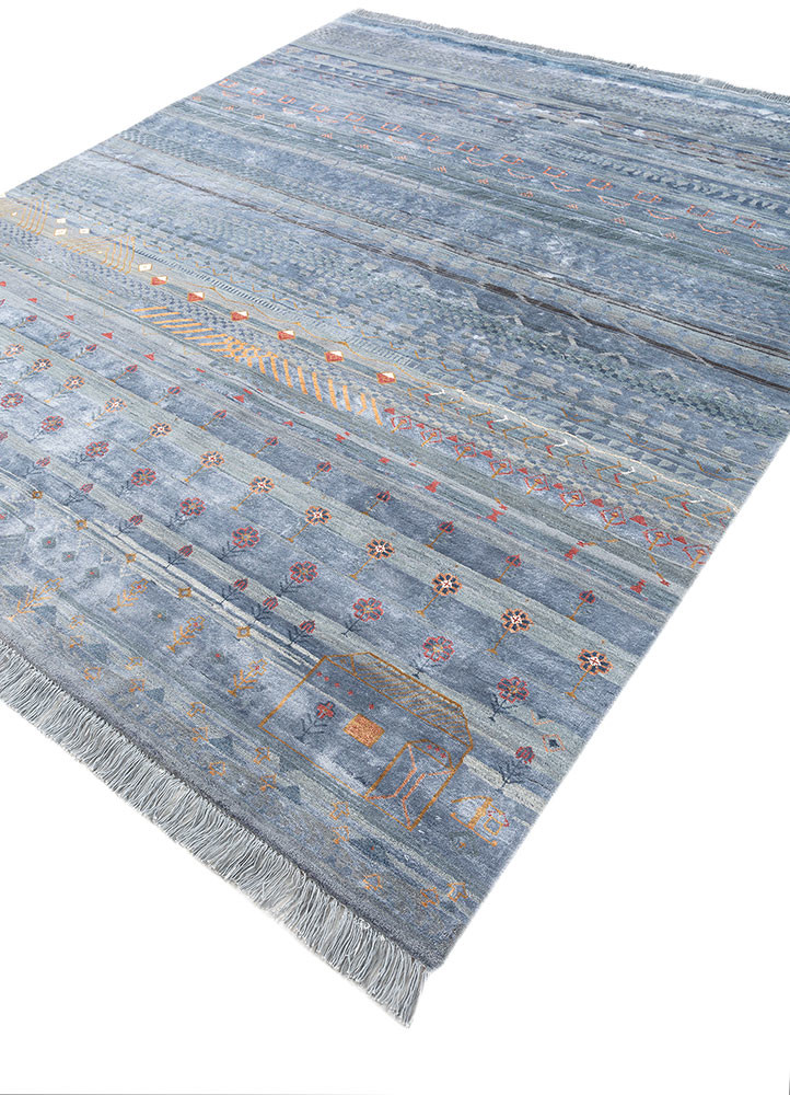 manchaha blue wool and bamboo silk hand knotted Rug - FoldShot