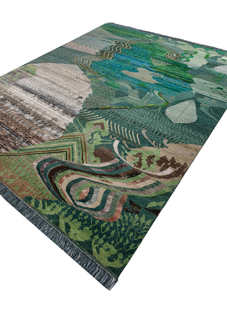 manchaha green wool and silk hand knotted Rug - FoldShot manchaha green wool and silk hand knotted Rug - FoldShot