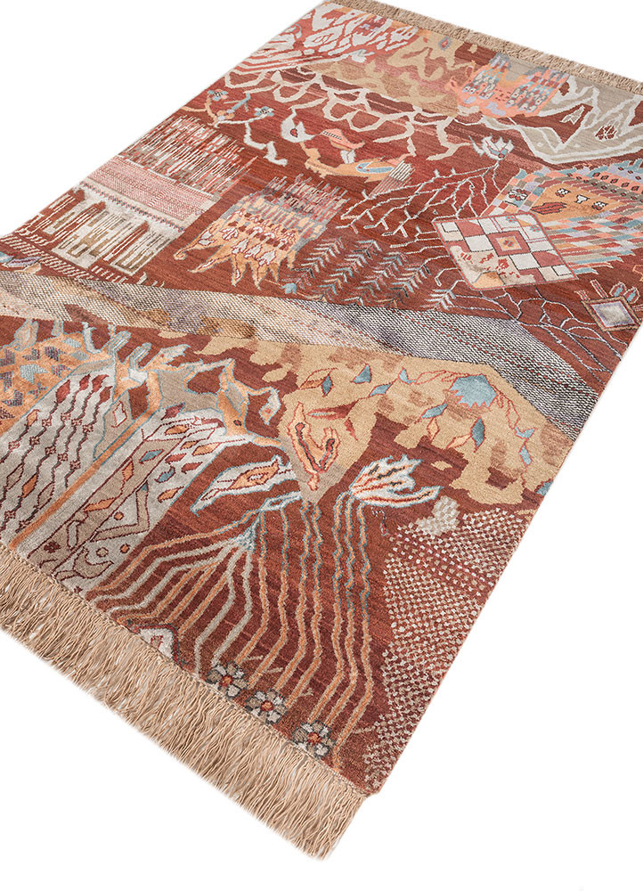 manchaha red and orange wool and bamboo silk hand knotted Rug - FoldShot manchaha red and orange wool and bamboo silk hand knotted Rug - FoldShot